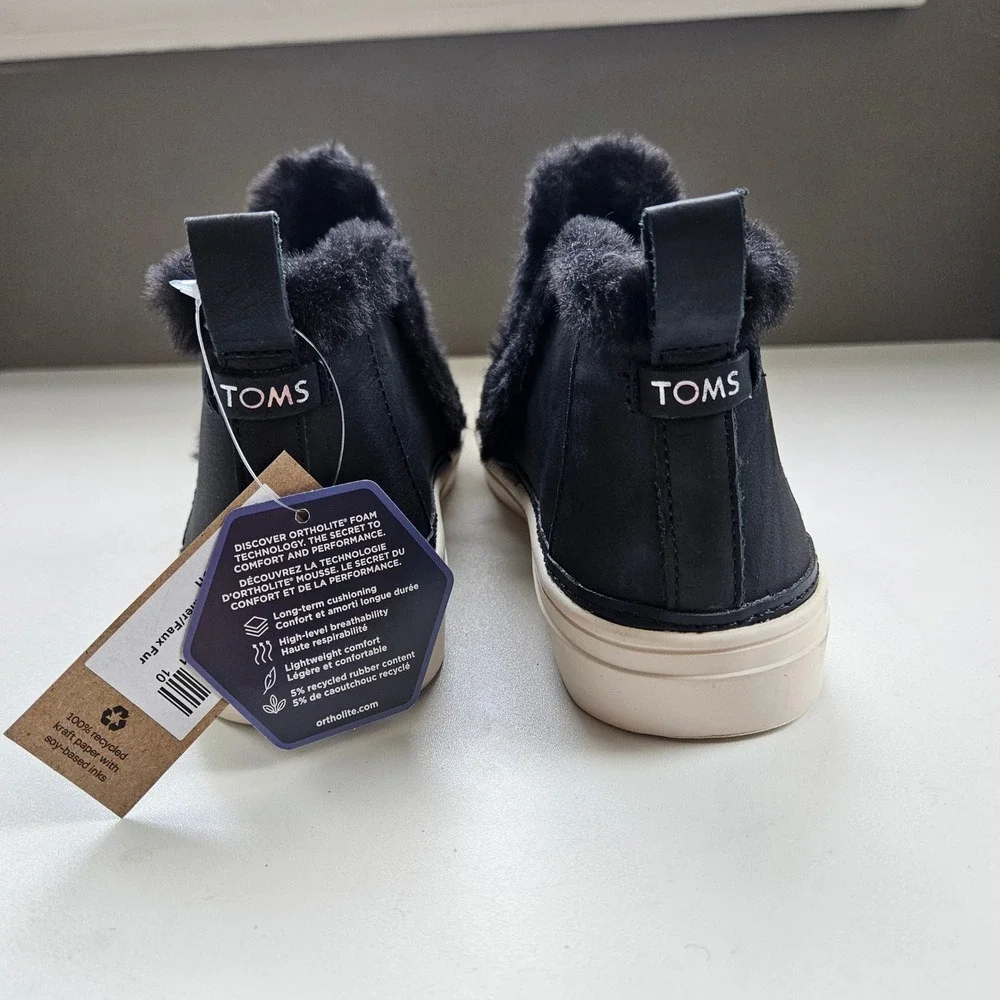 TOMS Slip On Sneaker Booties Womens 7 Black Leather Faux Fur Platform Minimalist
